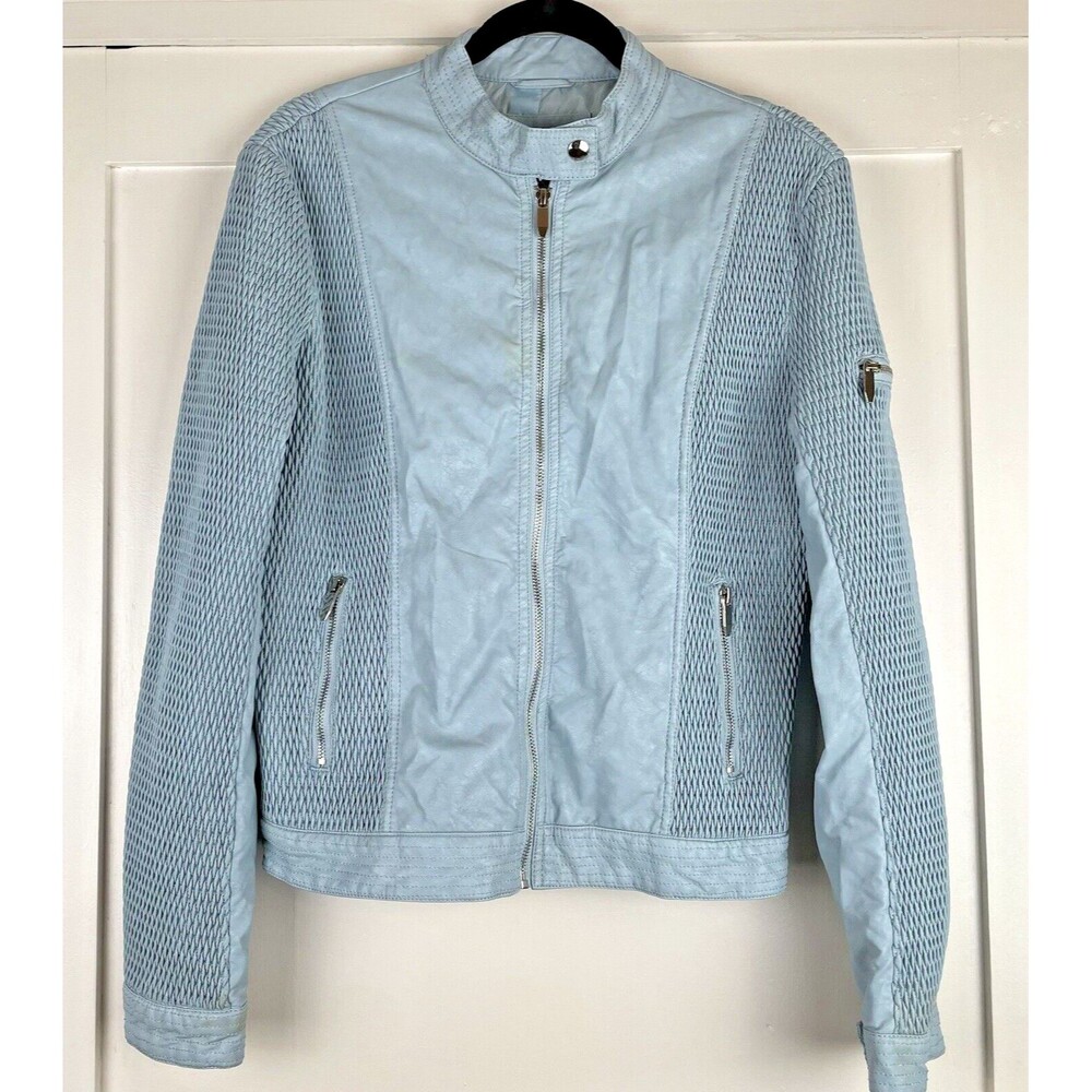 Faux Leather Moto Jacket Women's Medium Sky Blue by First Line Collar Pockets